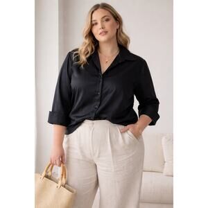 Kate Hill Woman Black Silk Blouse 16W Button Front Career Minimalist Luxe Top